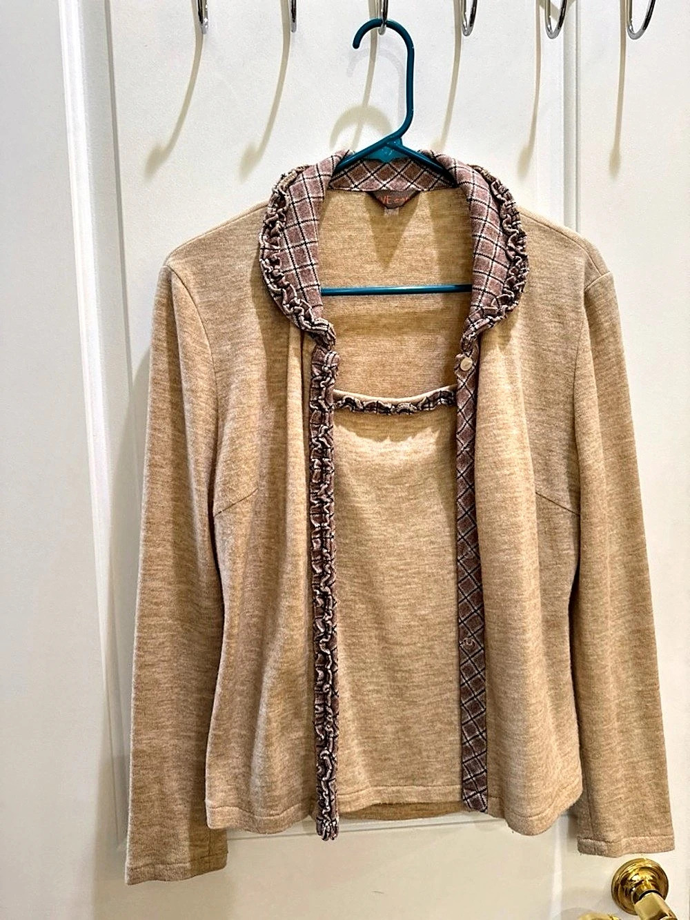 Brown Plaid Trim Camisole Cardigan Set
